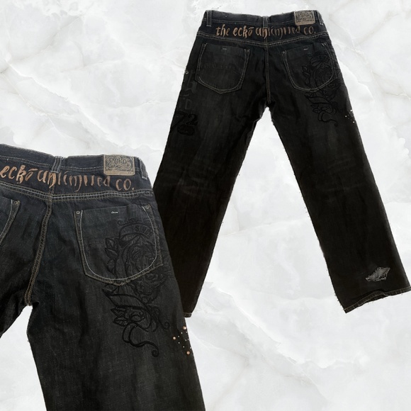 Vintage 90's Y2K Street Style Denim Pants with Embroidery, Stones, and Pockets - Picture 1 of 9